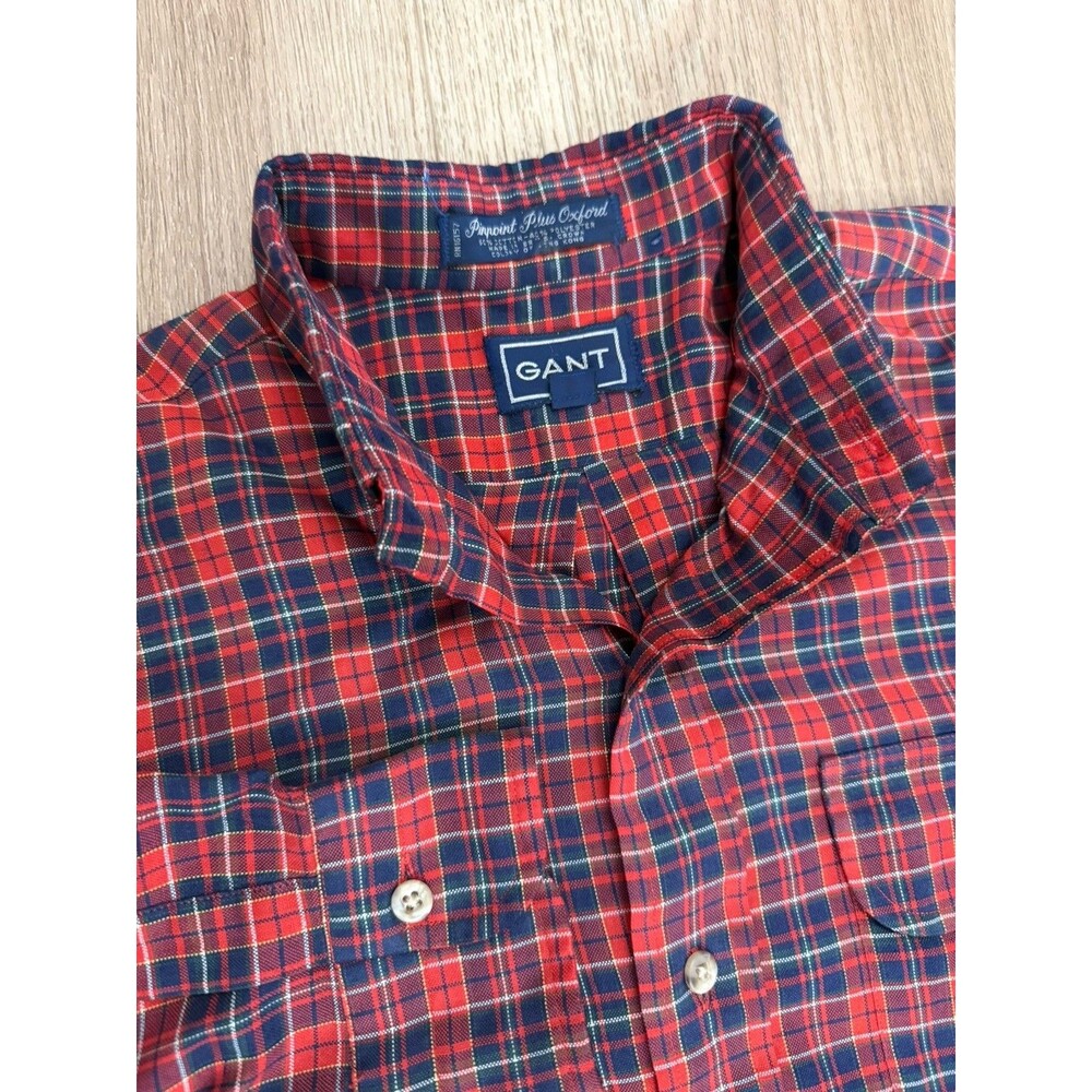 VTG Gant Pinpoint Plus Oxford Shirt Men S Small Red Navy Button Down Plaid